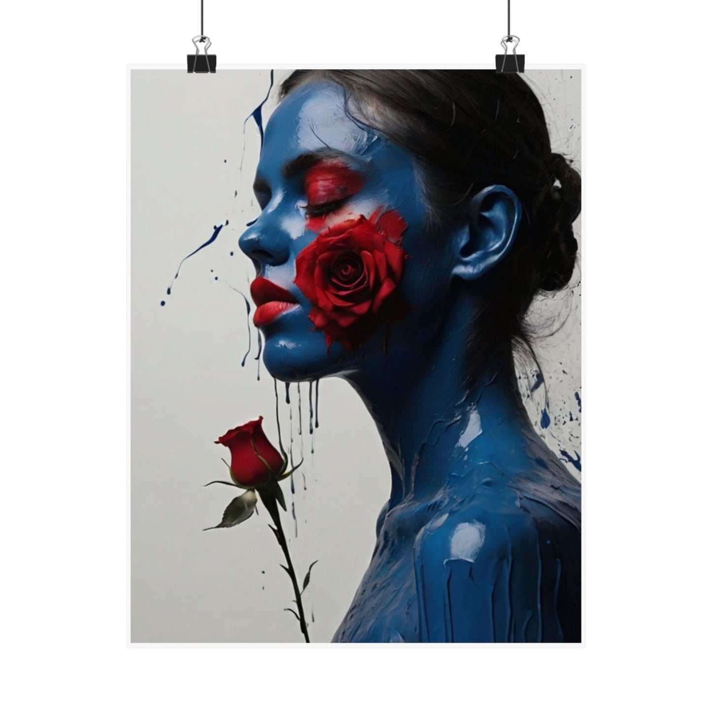 Sultry Blue Lady with Vivid Red Rose Wall Art (300gsm Satin Poster)