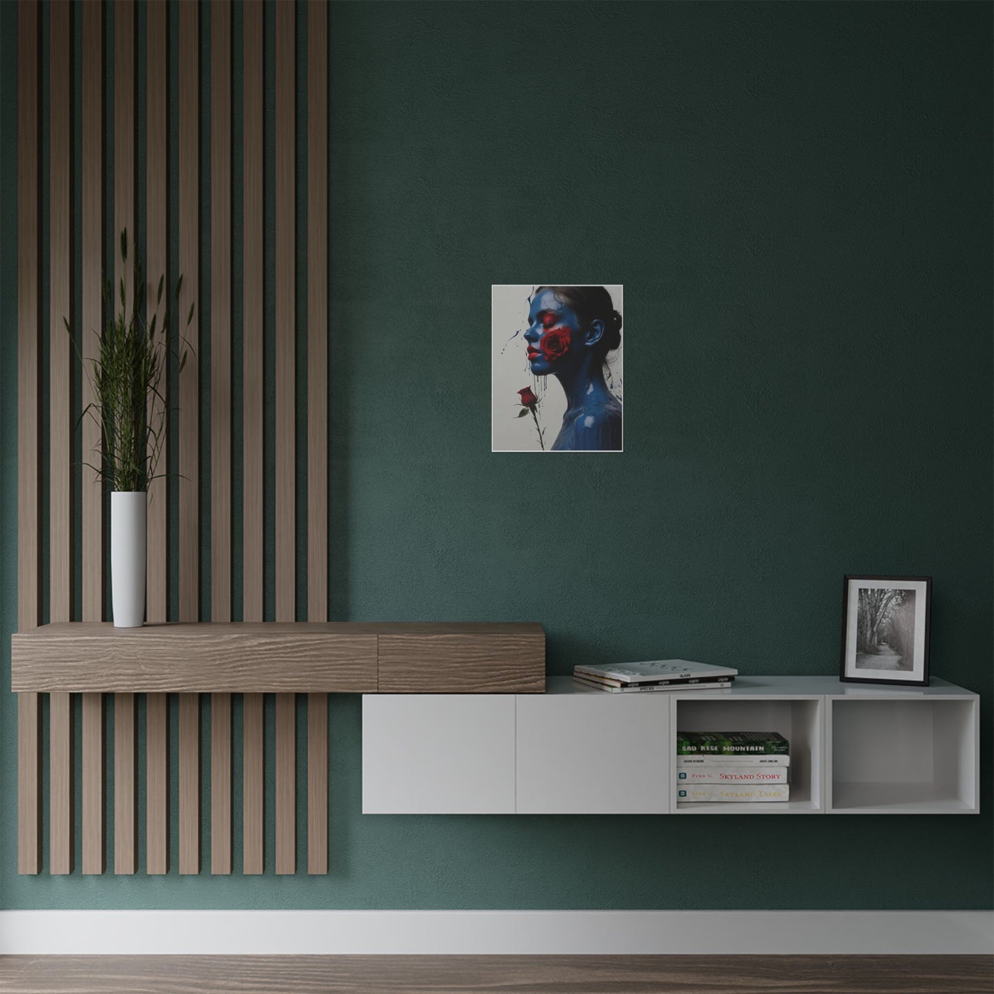 Sultry Blue Lady with Vivid Red Rose Wall Art (300gsm Satin Poster)