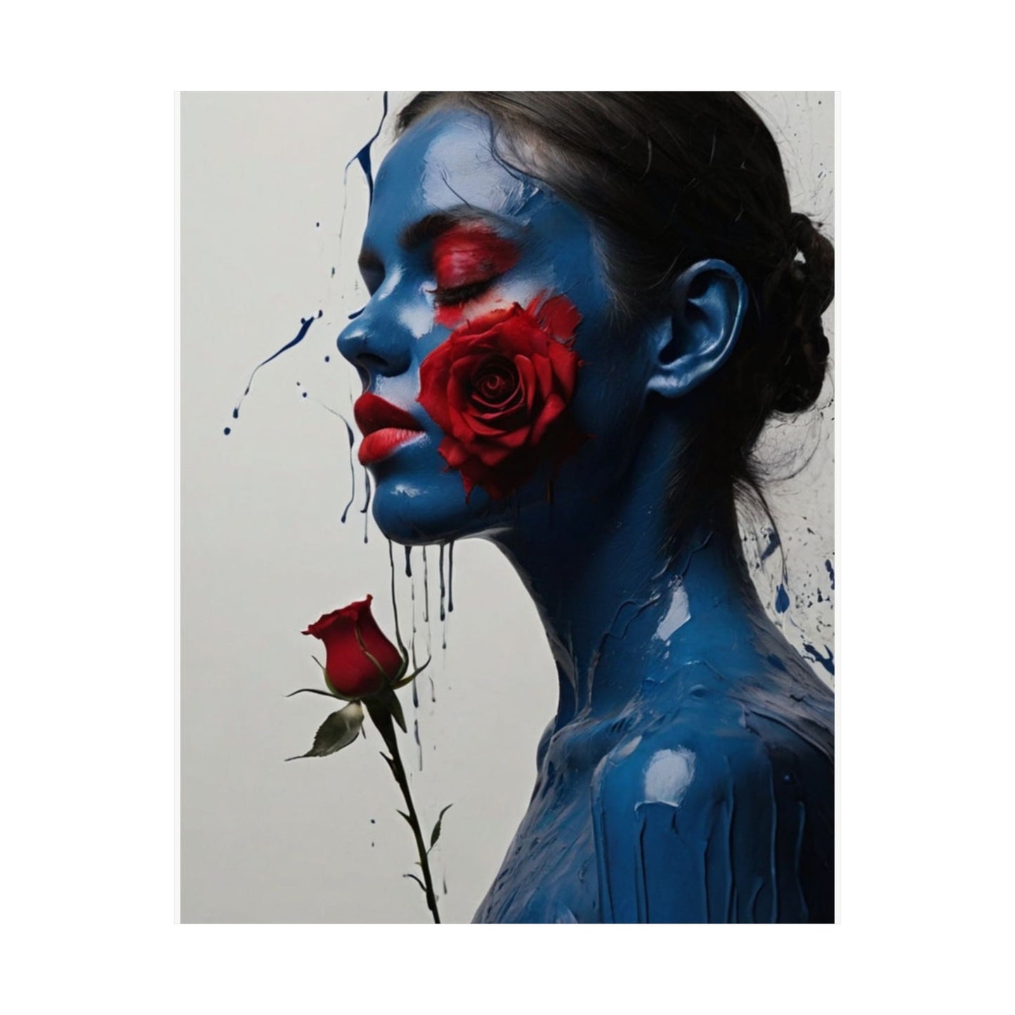 Sultry Blue Lady with Vivid Red Rose Wall Art (300gsm Satin Poster)