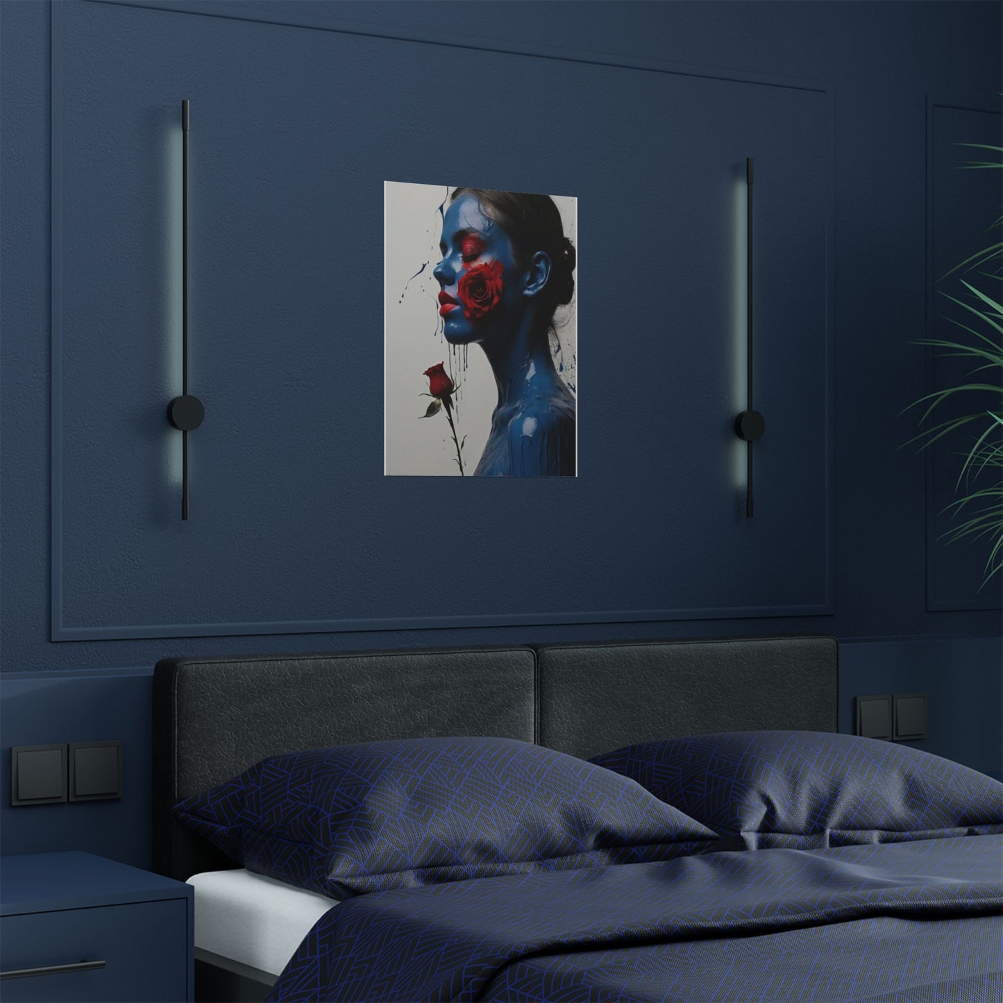 Sultry Blue Lady with Vivid Red Rose Wall Art (300gsm Satin Poster)