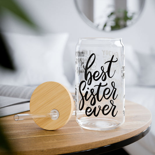 Best Sister Ever Glass Sipper Cup 16oz (473ml) / Heartfelt Drinkware / Gifts for Her with Lid & Straw