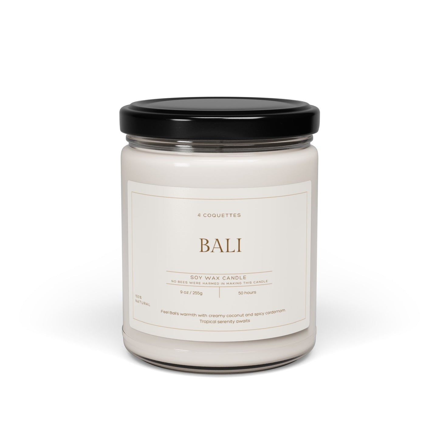 A glass jar of Bali eco-friendly vegan candle with a black lid. The label reads 4 Coquettes, and features coconut cream cardamom and tropical sea notes. It weighs 9 oz or 255g and burns for 50 hours, infusing your space with a delightful Bali scent. Perfect for Martin Luther King Jr. Day 2025
