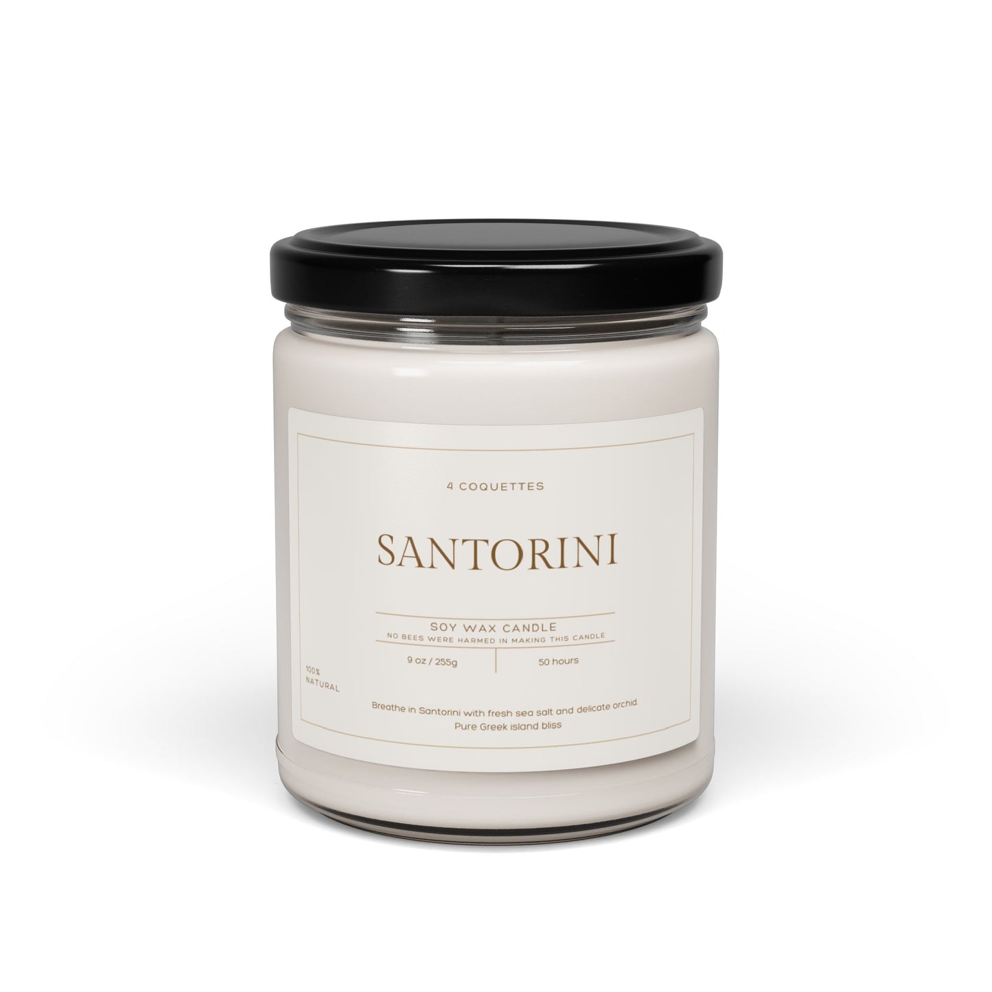 A white jar candle with a black lid labeled Santorini by 4 Coquettes captures Greek island bliss. Made of eco-friendly soy wax and weighing 9 oz, it promises scents of sea salt and delicate orchid, offering 50 hours of burn time. Perfect for Martin Luther King Jr. Day 2025