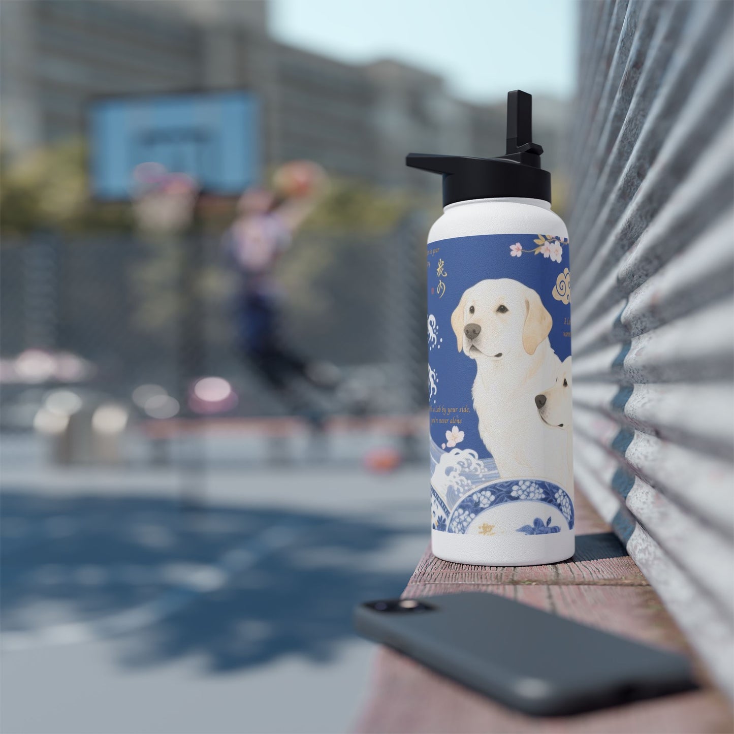 Labradors in Indigo Harmony Japanese Ceramic Inspired Design Stainless Steel Water Bottle