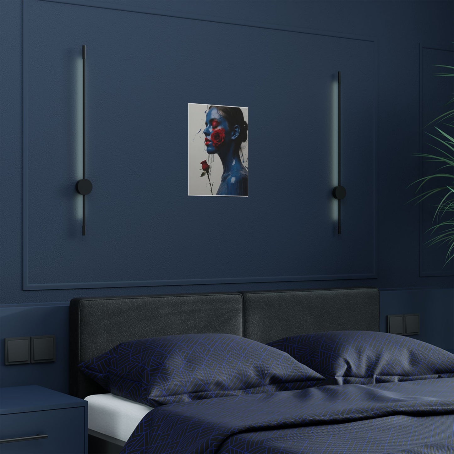 Sultry Blue Lady with Vivid Red Rose Wall Art (300gsm Satin Poster)