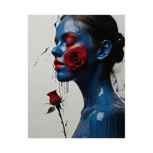 Sultry Blue Lady with Vivid Red Rose Wall Art (300gsm Satin Poster)
