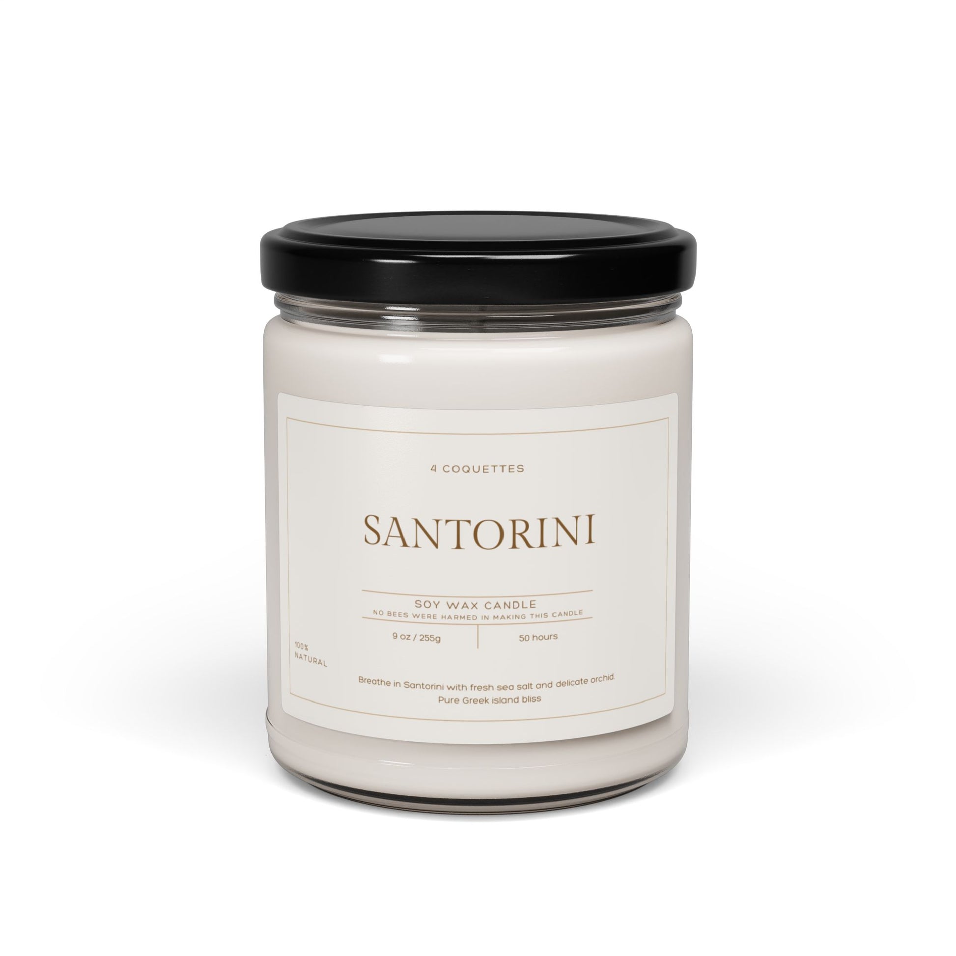 A white jar candle with a black lid labeled Santorini by 4 Coquettes captures Greek island bliss. Made of eco-friendly soy wax and weighing 9 oz, it promises scents of sea salt and delicate orchid, offering 50 hours of burn time. Perfect for Martin Luther King Jr. Day 2025
