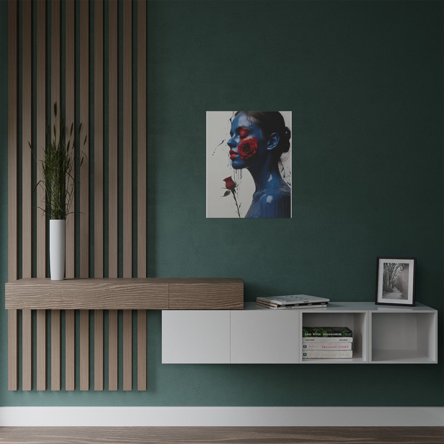 Sultry Blue Lady with Vivid Red Rose Wall Art (300gsm Satin Poster)